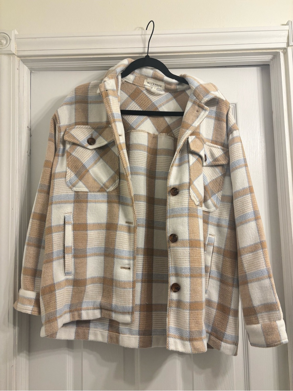 Workshop Republic Clothing Plaid Shacket in Cream, Tan and Light Blue